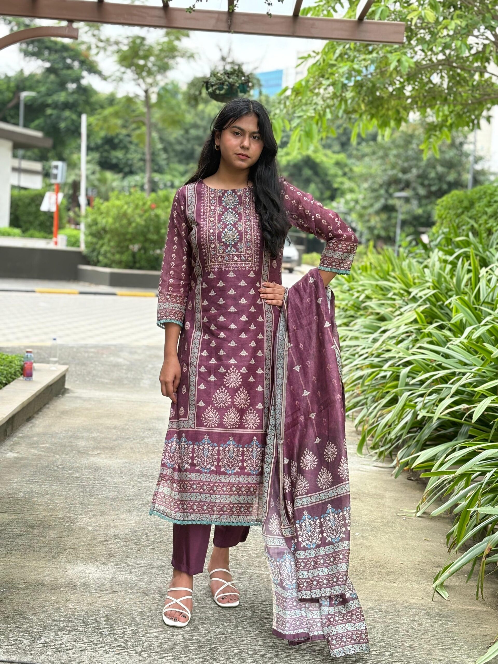 Festive Ethnic Plum suit set with Dupatta